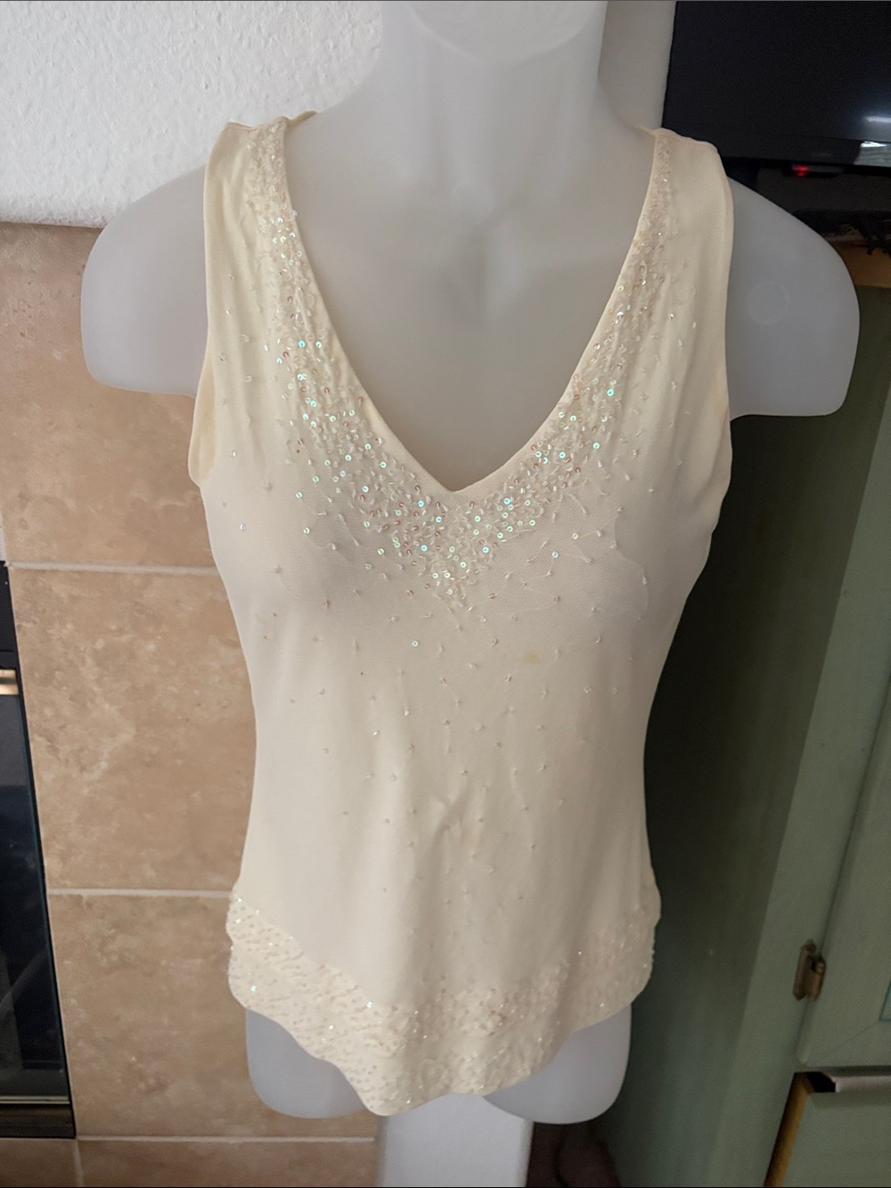 INC International Concepts Ivory beaded Sequin V-Neck Camisole Top